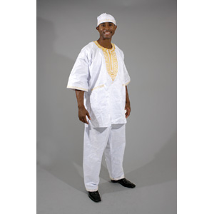 3 pc African Men's Dashiki Pant Set & Cap : White