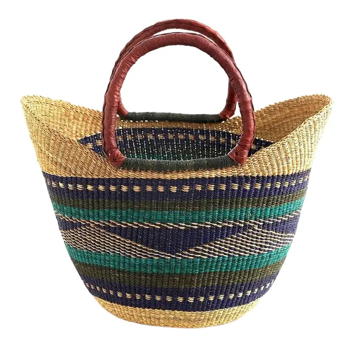 Large Green & Blue U-Shopper Ghana Beach Tote Bag/Basket