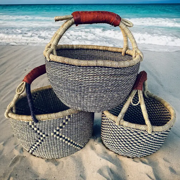 Medium Market Basket w/ Leather Wrapped Handle (Colors Vary) W: 11" - 13" H: 8"-10", Black & Tan 1 Ea