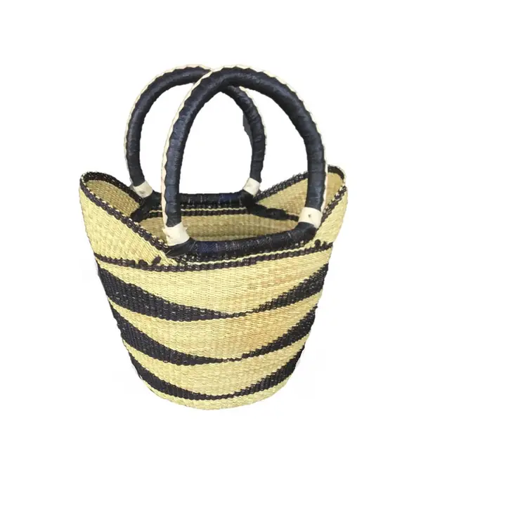 Yikene Medium U-Shopper Ghana Bolga Basket 13-14" Across - Black & Tan Medium