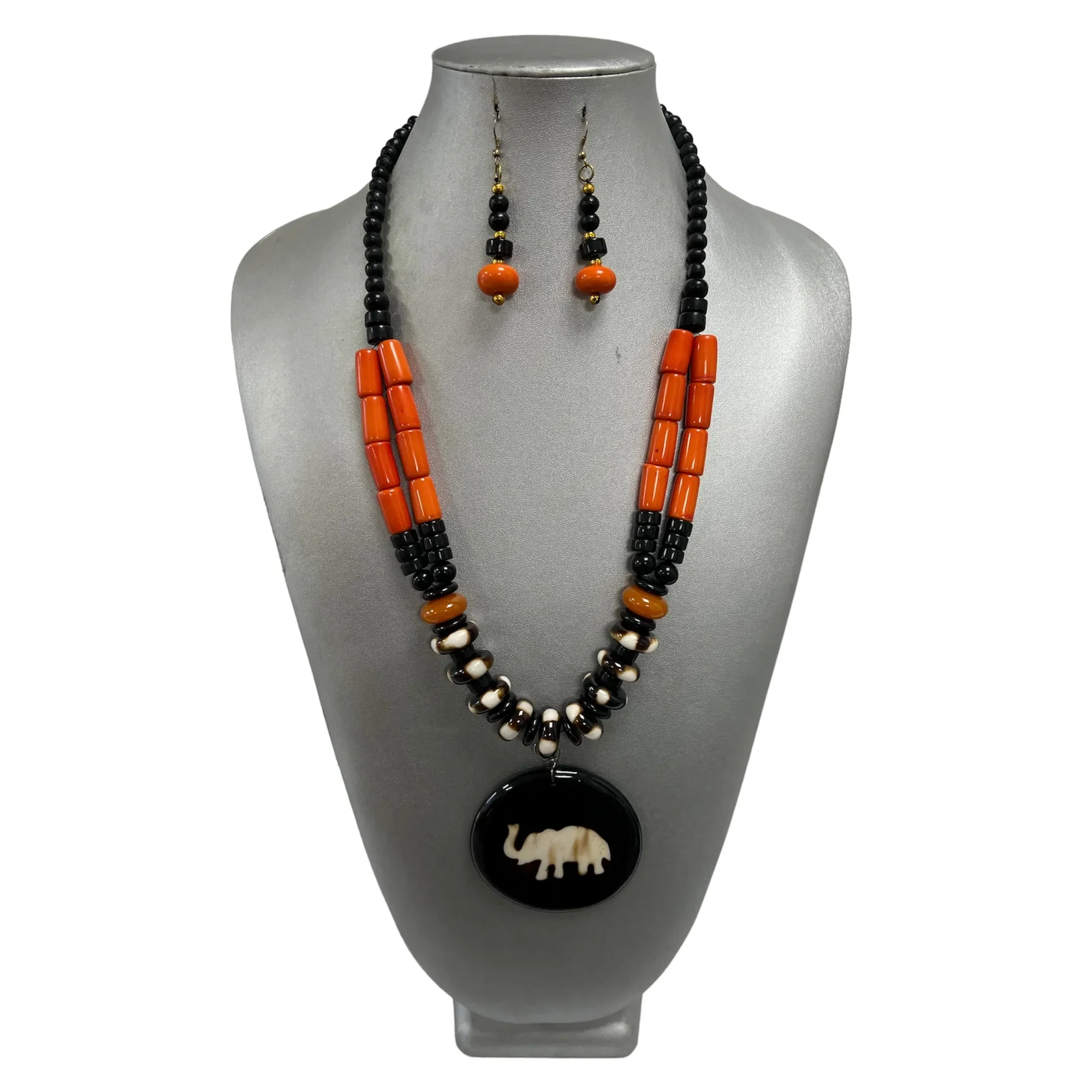 African Beaded Women's Elephant Pendant Necklace Set