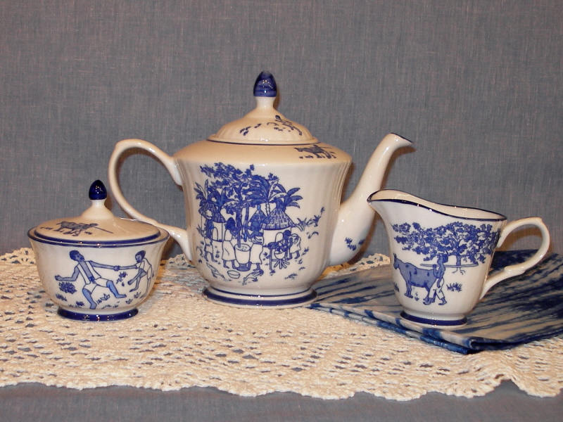 Liberian Tea pot set with creamer and sugar bowl-Indigo Blue