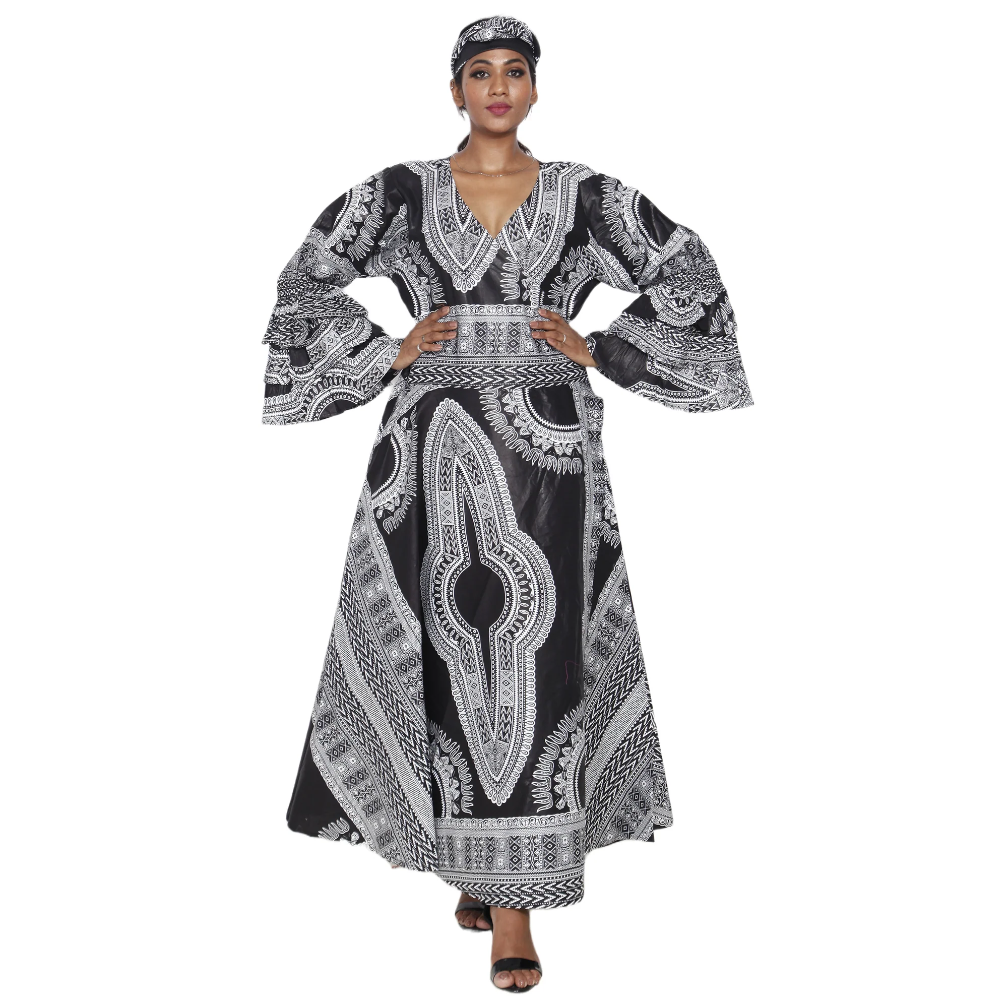 African Women's Dashiki Ruffle Sleeve Maxi Wrap Dress