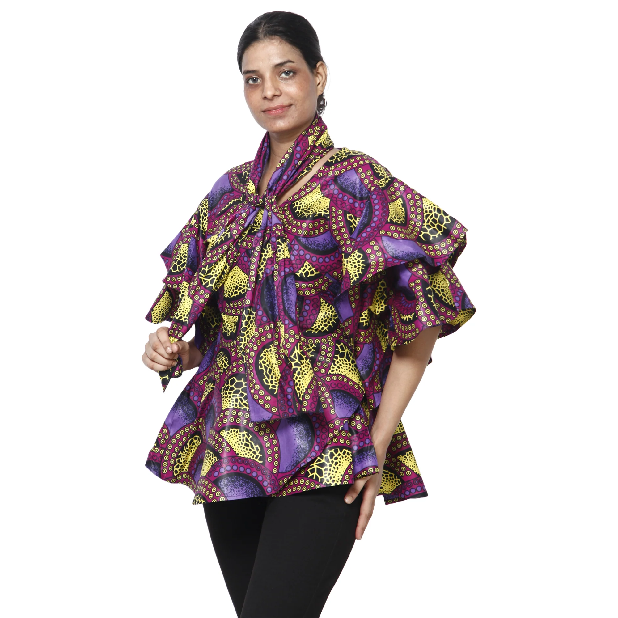 African Style Frill-sleeve Women's WRAP Blouse with Scarf