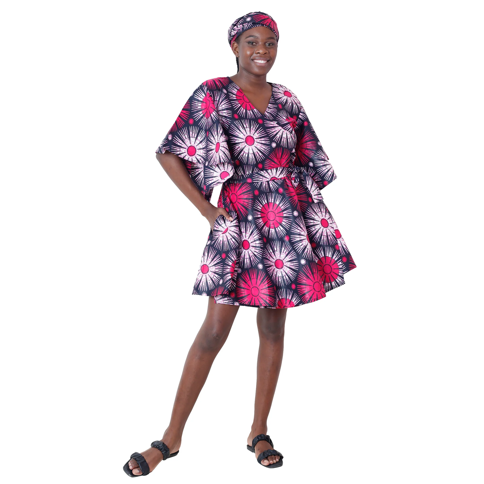African Women's Short Sleeve Mini Wrap Dress