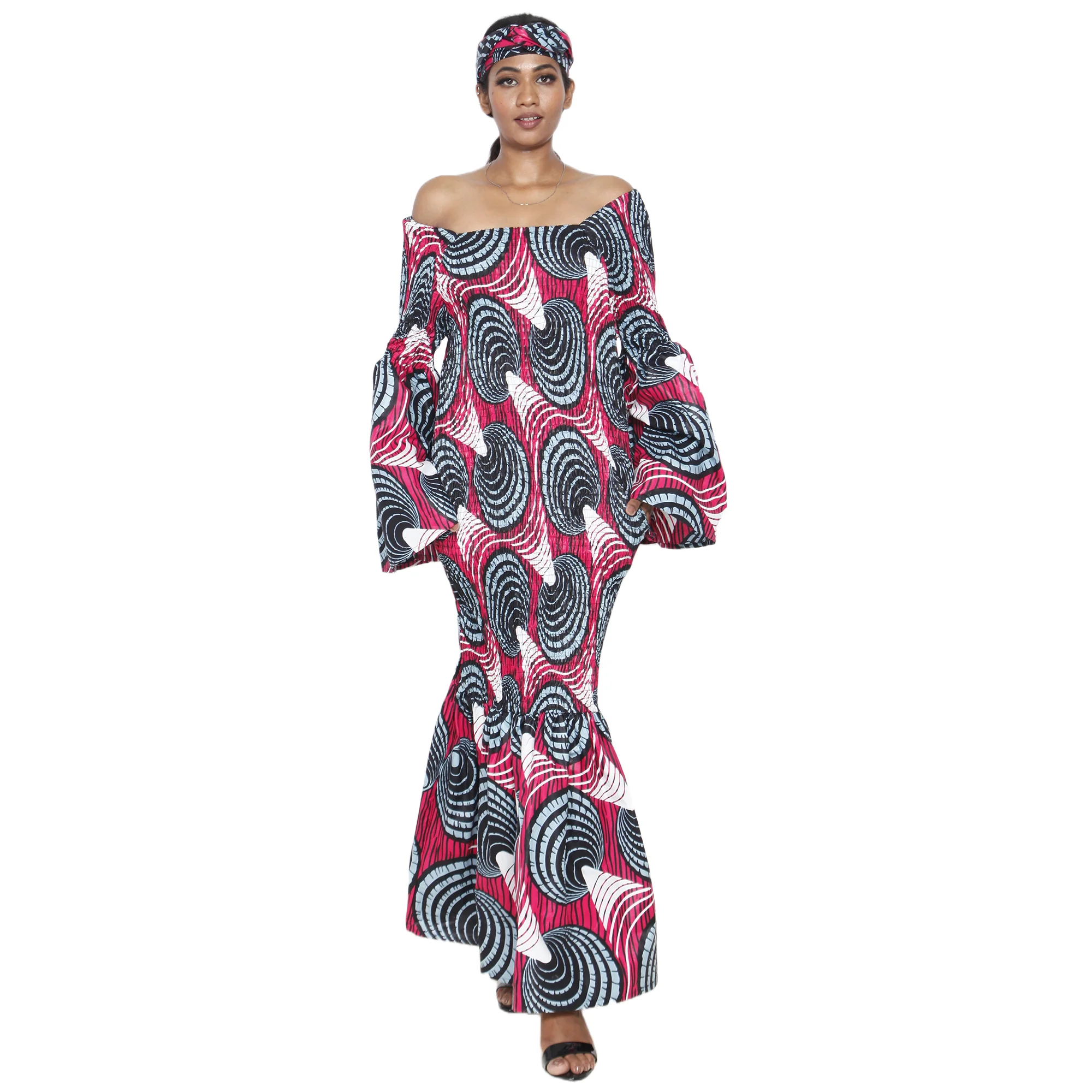 African Shoulder Smocked Mermaid Dress with Scarf