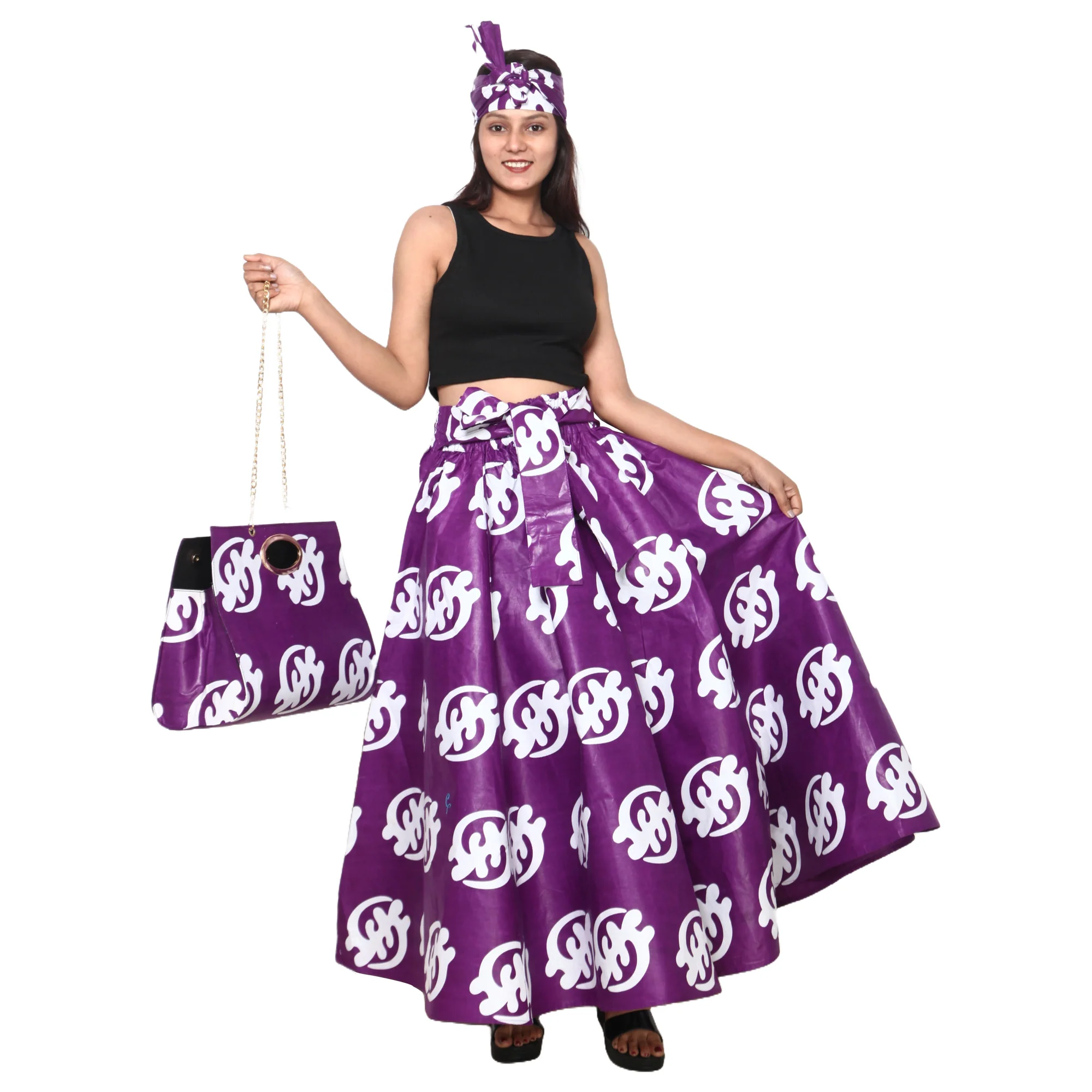African Women's Printed Tie Waist Maxi Skirt with Handbag