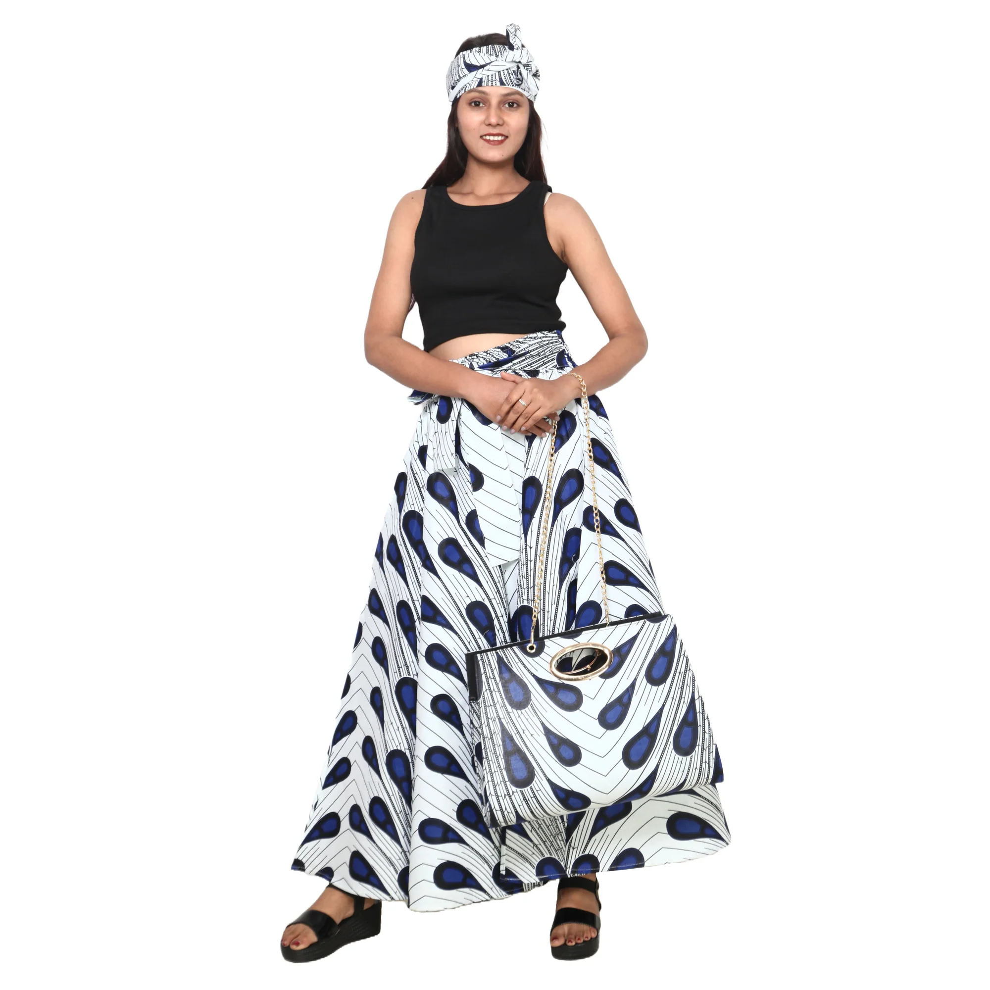 African Women's Printed Tie Waist Maxi Skirt with Handbag