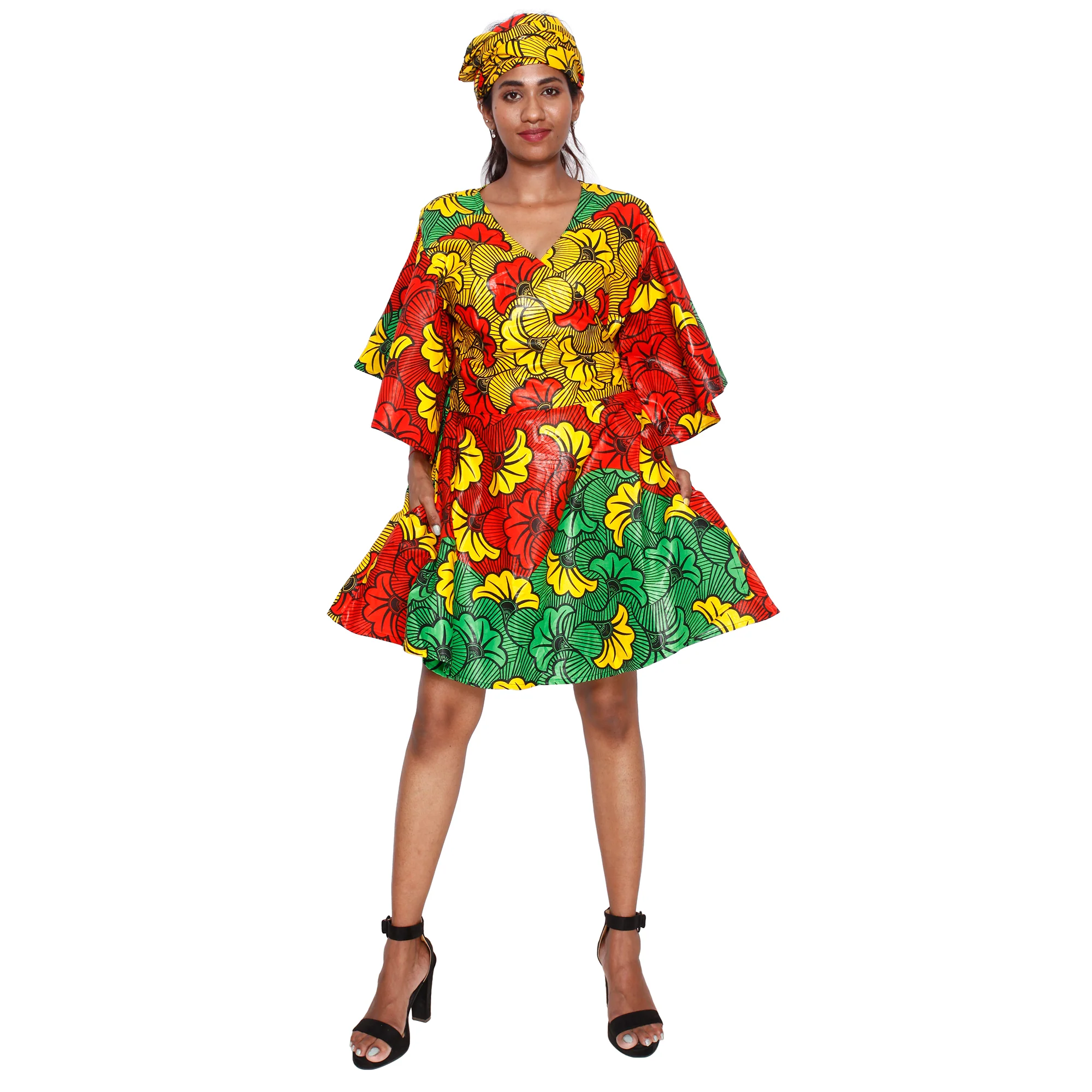 African Women's Short Sleeve Mini Wrap Dress