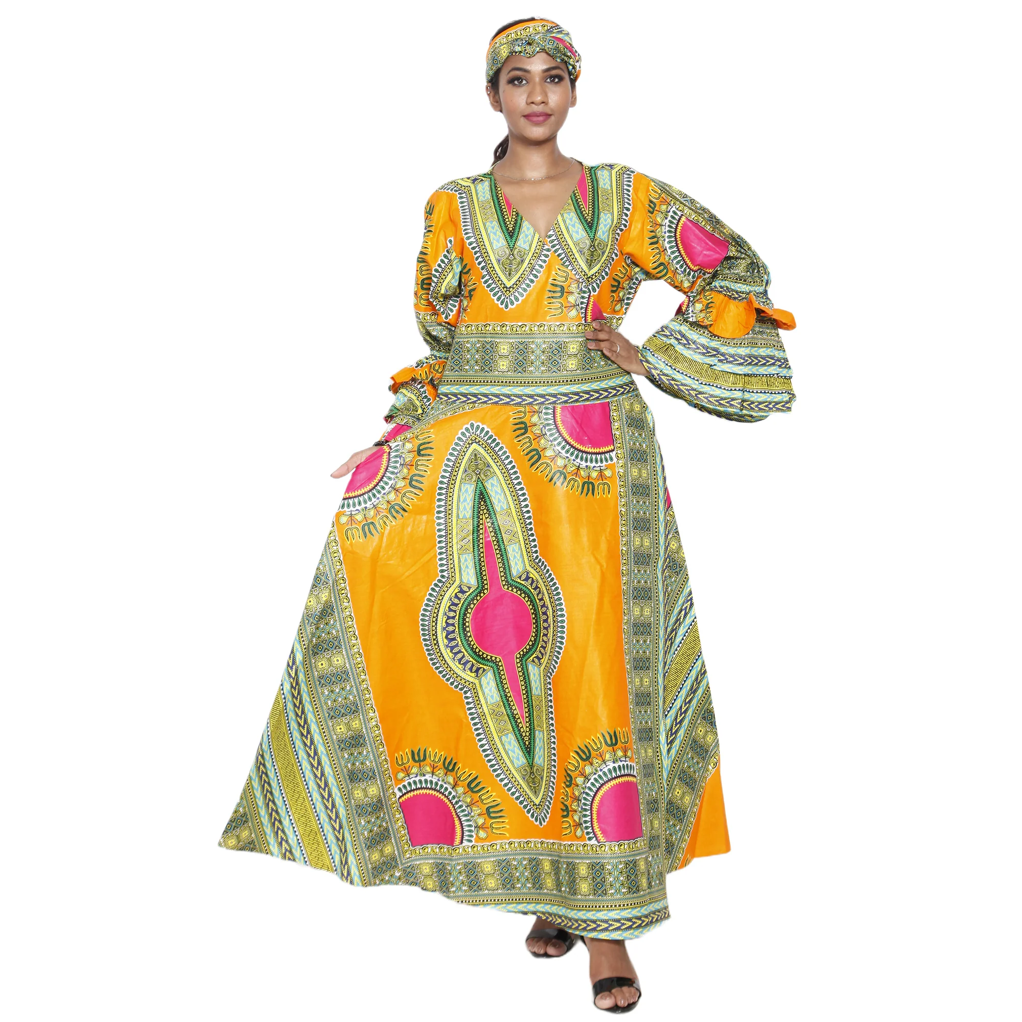 African Women's Dashiki Ruffle Sleeve Maxi Wrap Dress