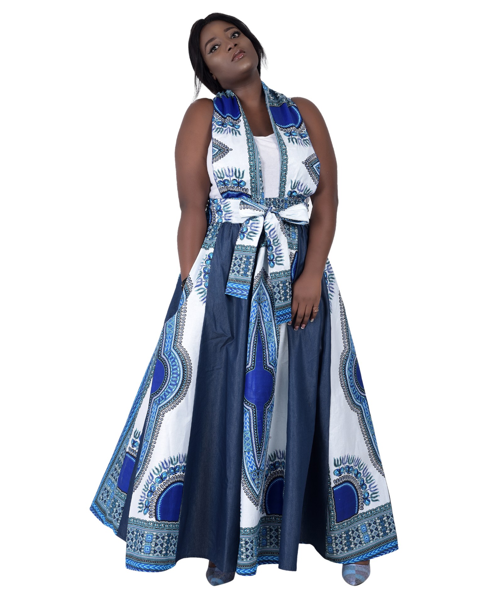 African print Skirt in Dashiki Wax Print and Denim