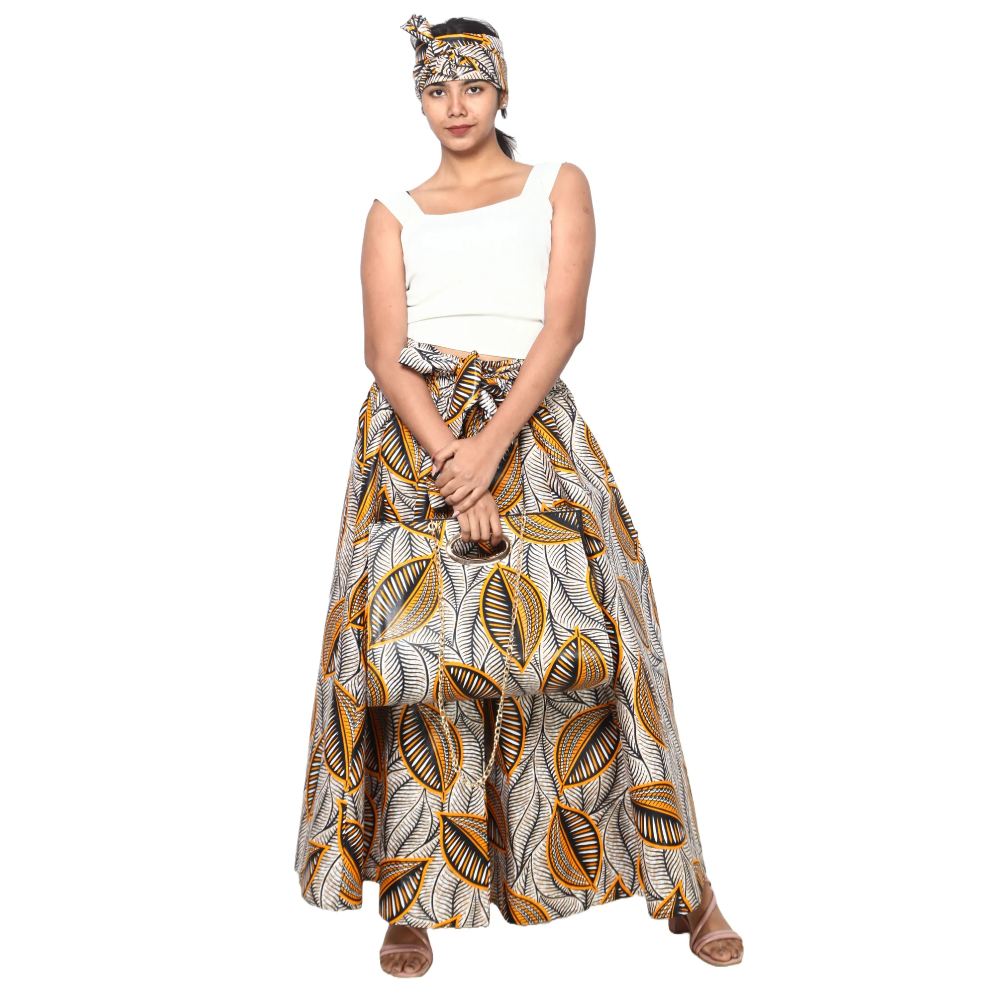 African Women's Printed Tie Waist Maxi Skirt with Handbag