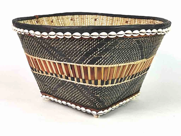 Large Mossi Basket with Cowrie Shells and Leather Decoration - Burkina Faso | 17.5" X 9.75"