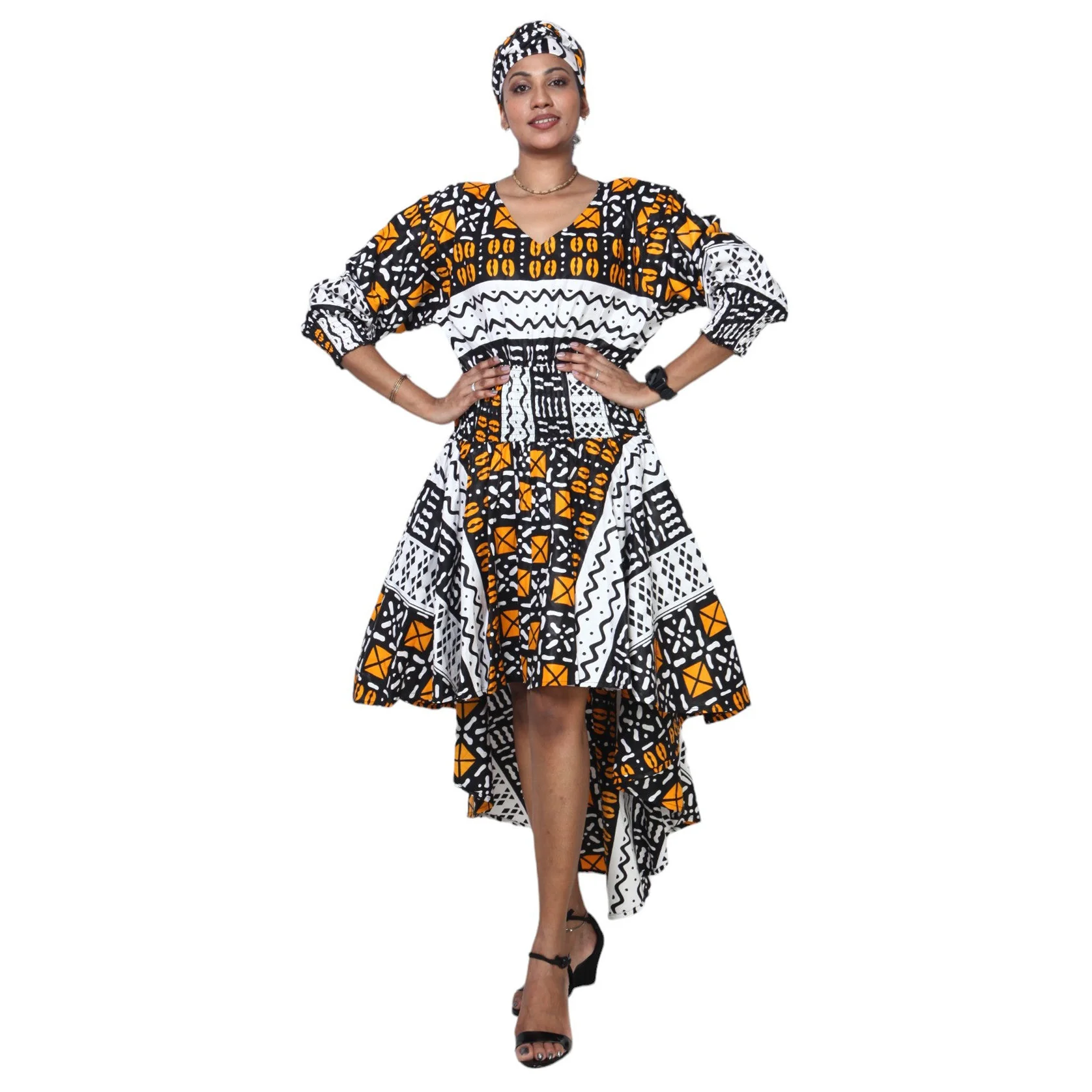 African Women's Cinched Waist High Low Midi Dress