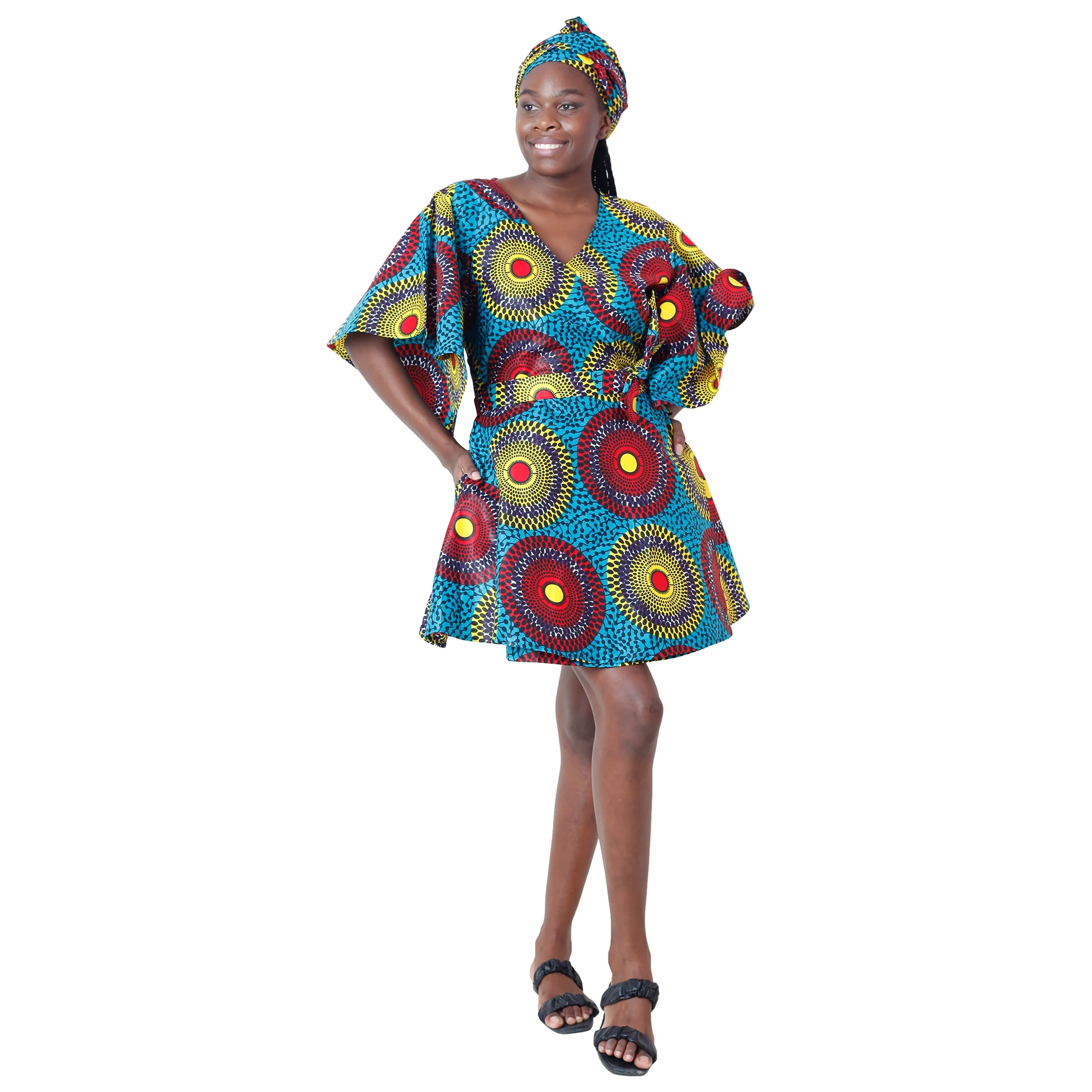 African Women's Short Sleeve Mini Wrap Dress