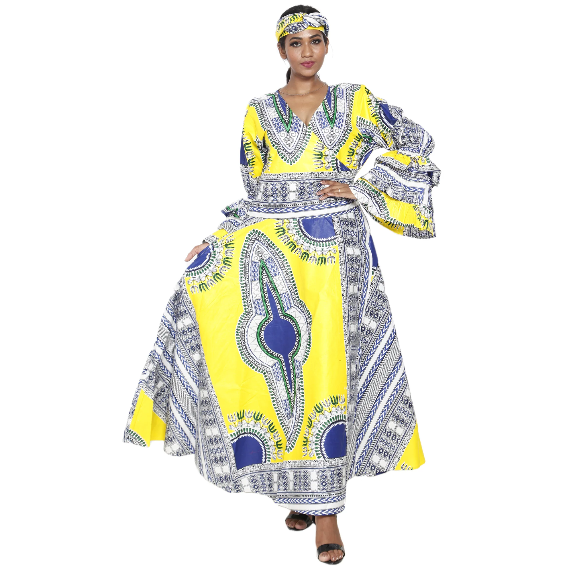 African Women's Dashiki Ruffle Sleeve Maxi Wrap Dress