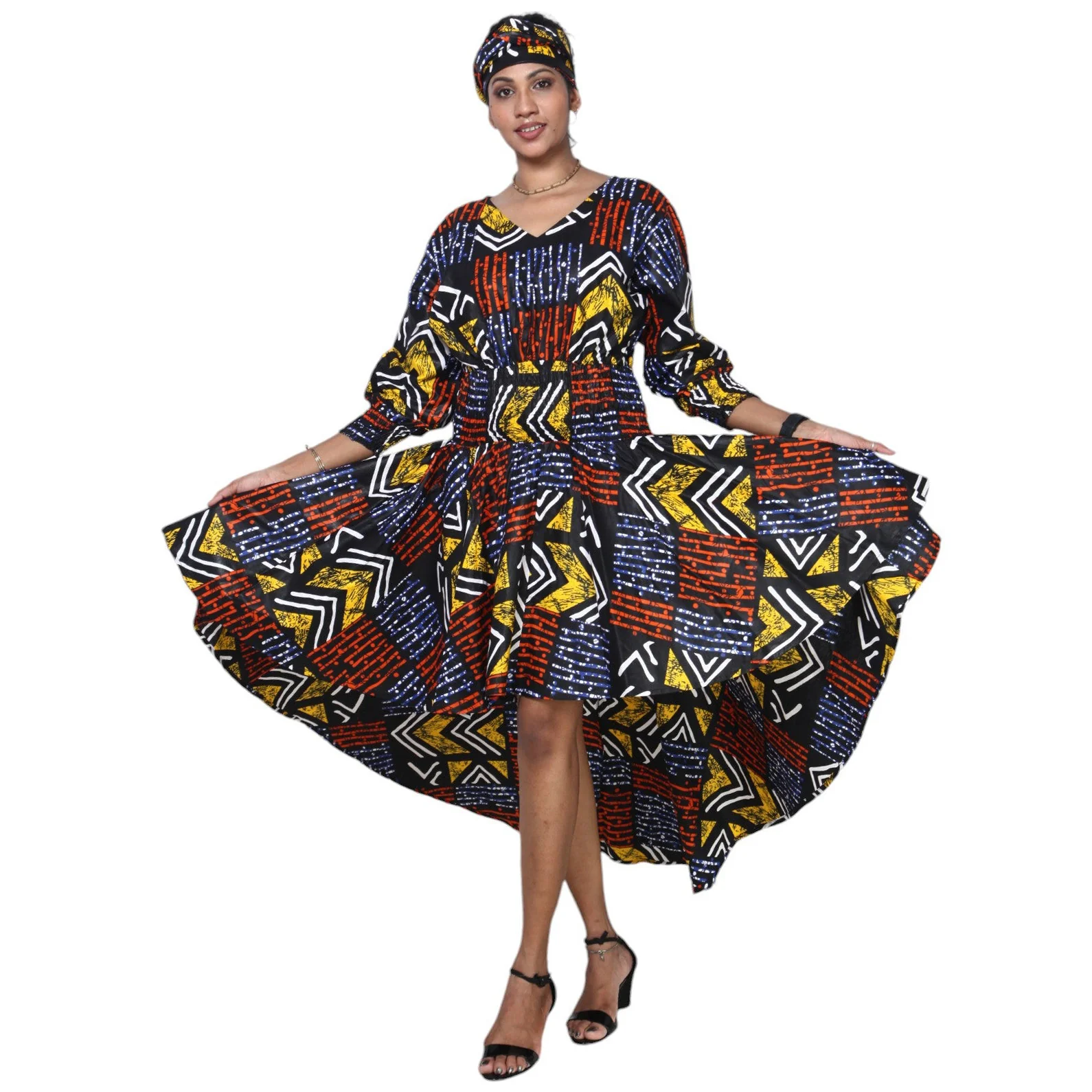 African Women's Cinched Waist High Low Midi Dress