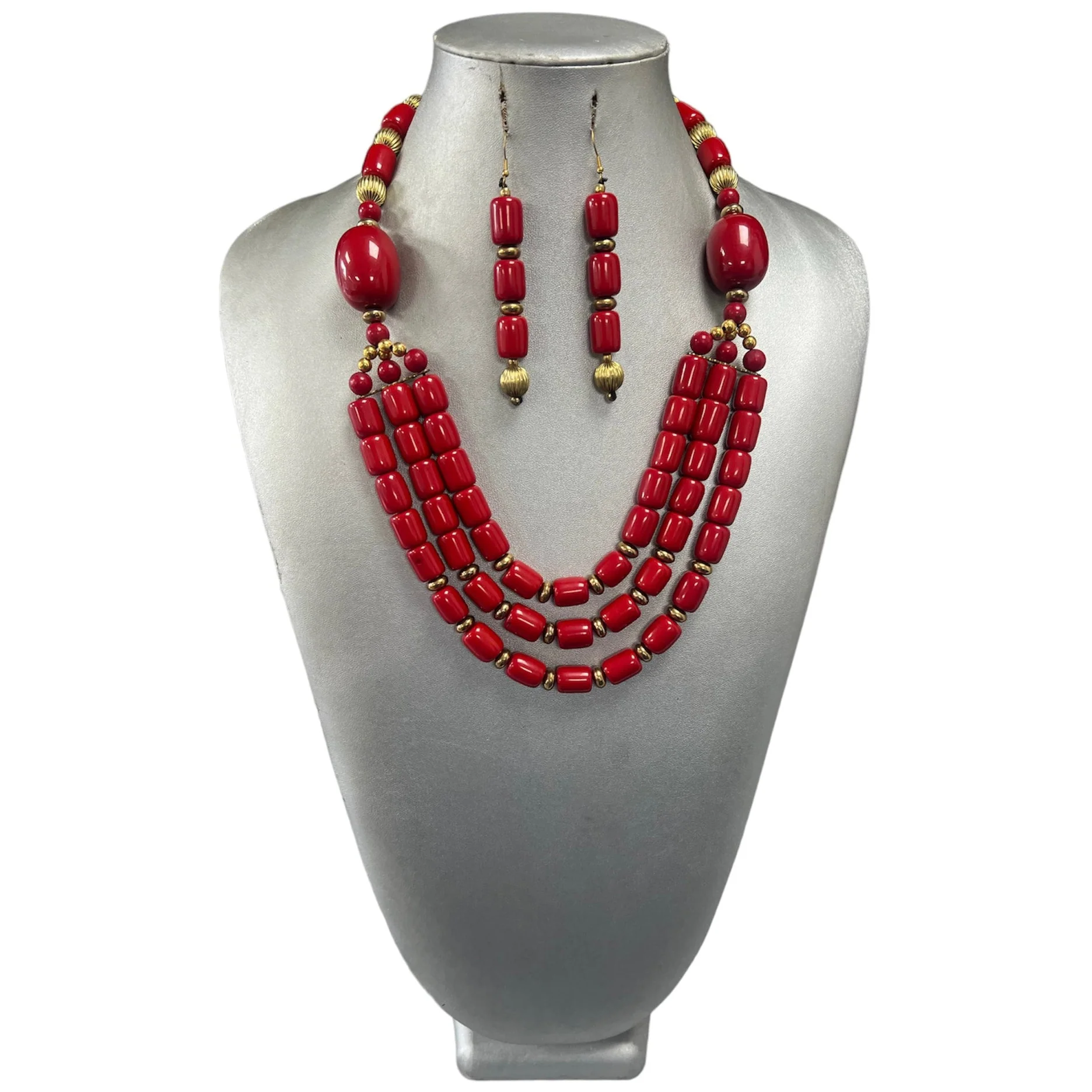 African Women's Wooden Beaded 3 Layer Necklace Set