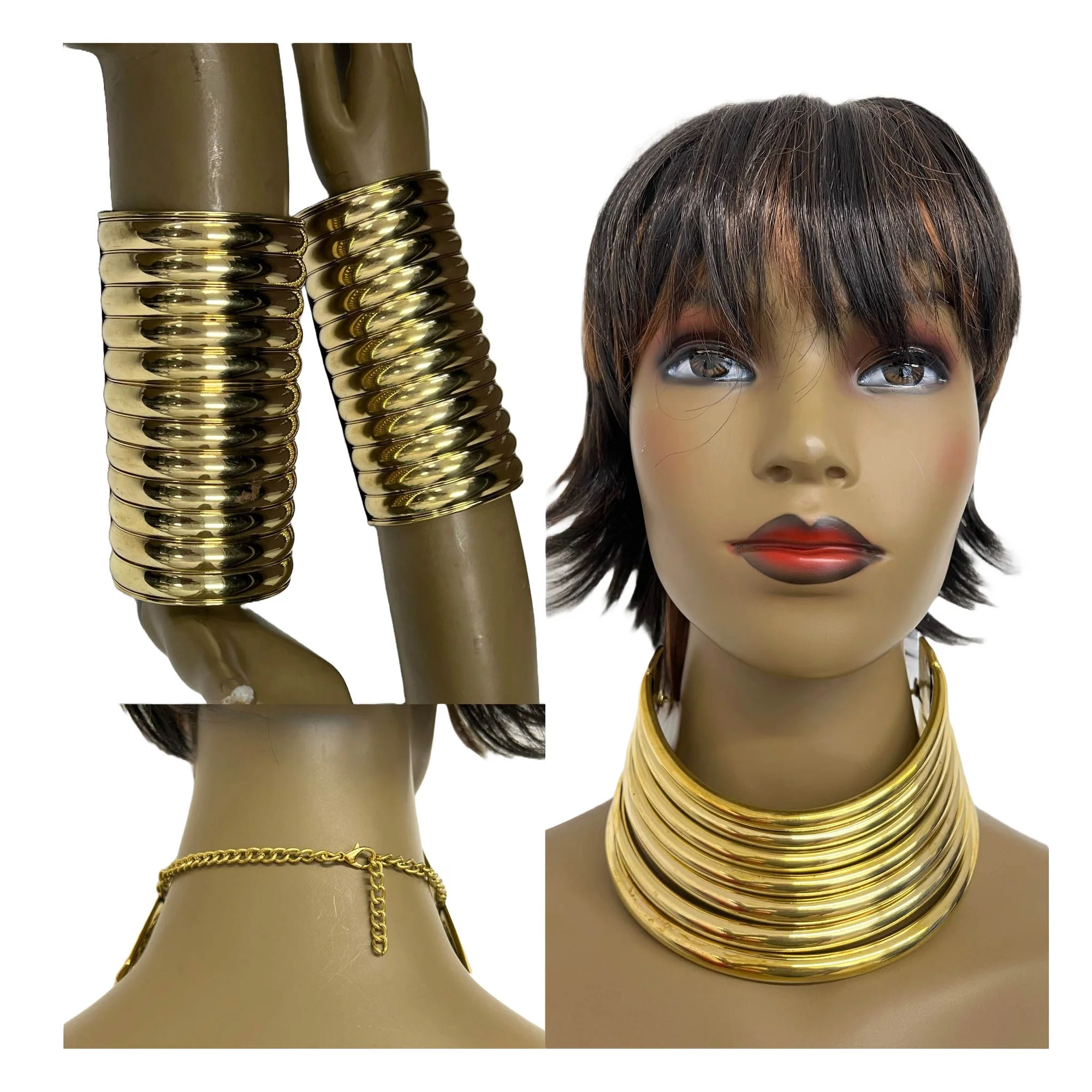 African Women's Brass Gold Plated Choker Necklace with Bracelets