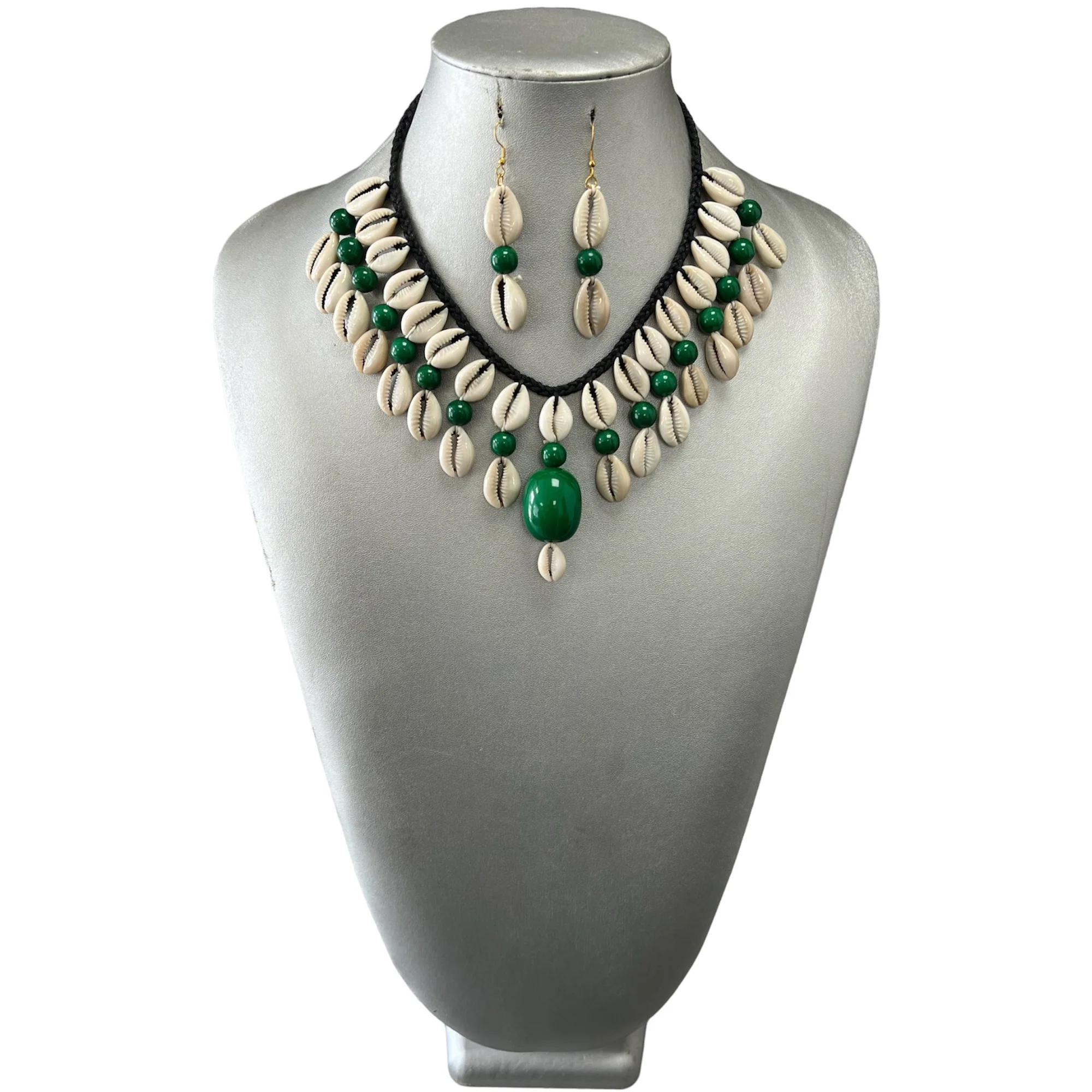 African Women's 2 Layer Cowrie Shell Necklace Set With Colored Stone