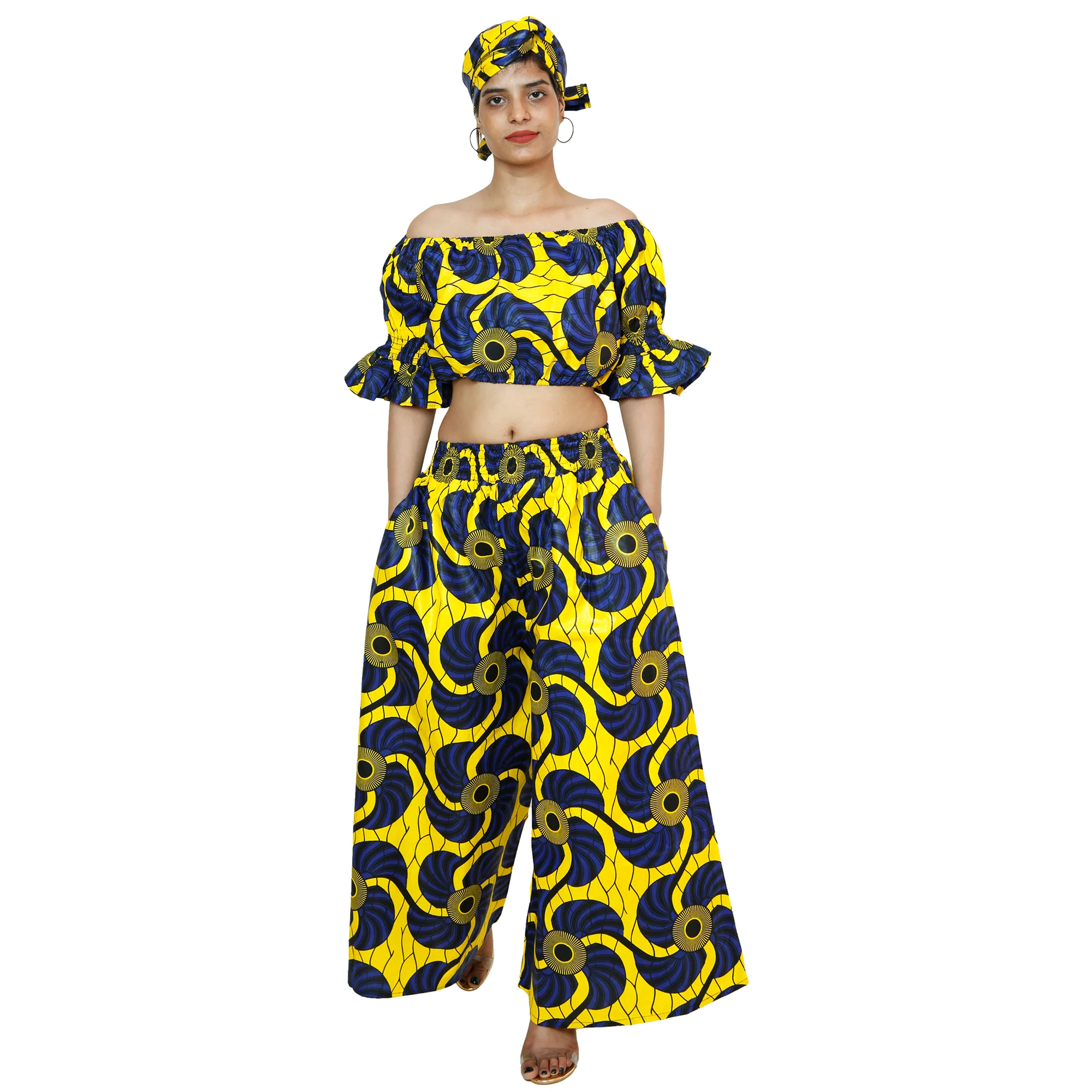 African Women's Printed Off Shoulder Crop Top with Pants Set