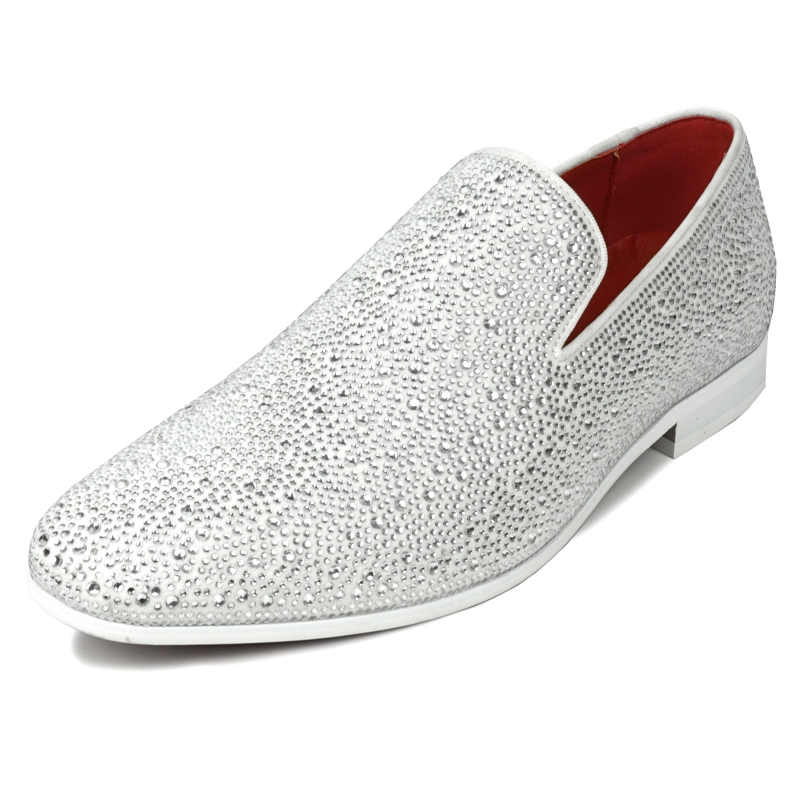 FI-7525 White Suede White Rhinestones Slip on Loafer