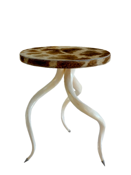 African Giraffe Hide Tabletop with Buffed Kudu Horn Base