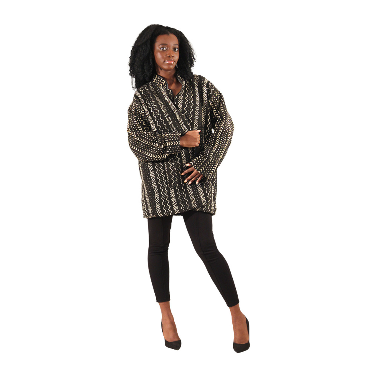 Mid Length African Mud Cloth Coat Black and White