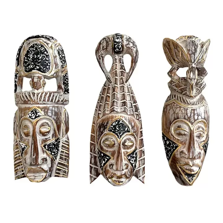 African Mahogany Mask-Style Tribal Masks Wooden Tiki Decor 12"-SET OF 3-NEW!!